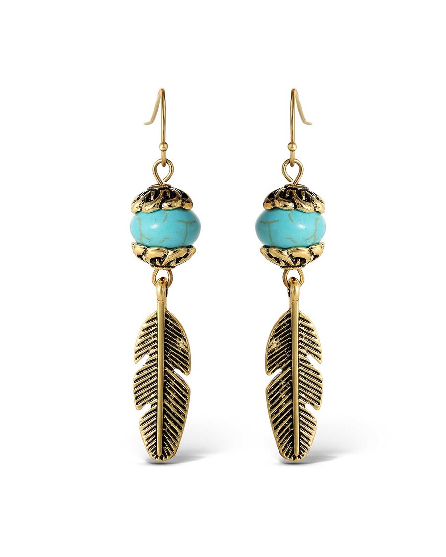 Jessica Simpson Turquoise Bead Feather Drop Earrings in Gold