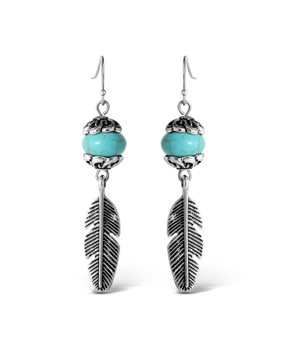 Jessica Simpson Turquoise Bead Feather Drop Earrings in Silver