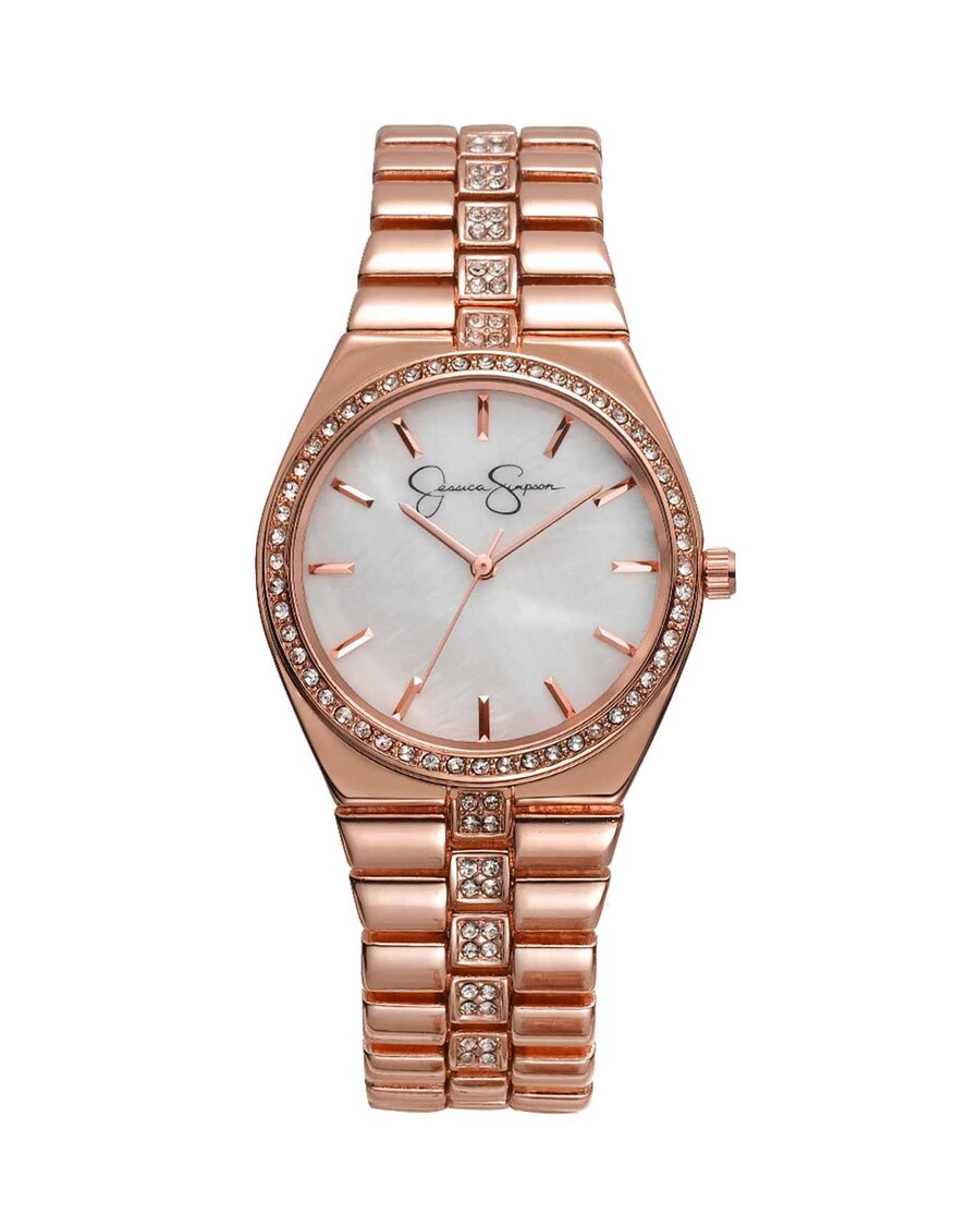 Jessica Simpson Mother Of Pearl Dial Bracelet Crystal Watch in Rose Gold Tone