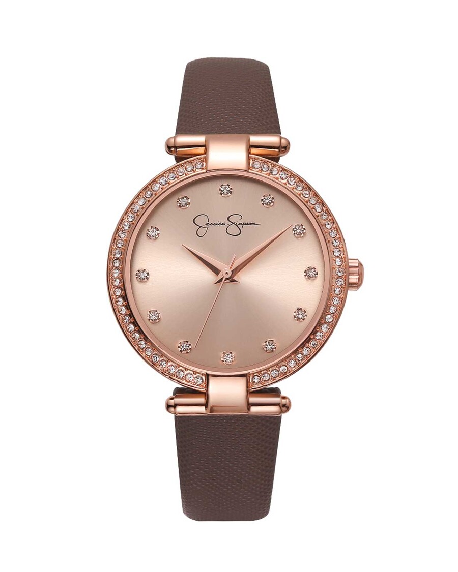 Jessica Simpson Crystal Bezel Brown Strap Watch in Rose Gold Tone