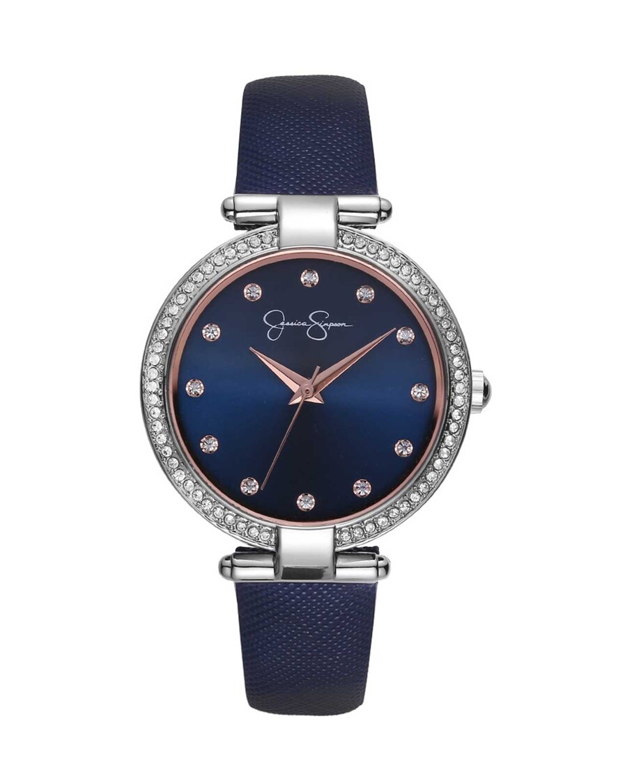 Jessica Simpson Crystal Bezel Navy Strap Watch in Silver Tone