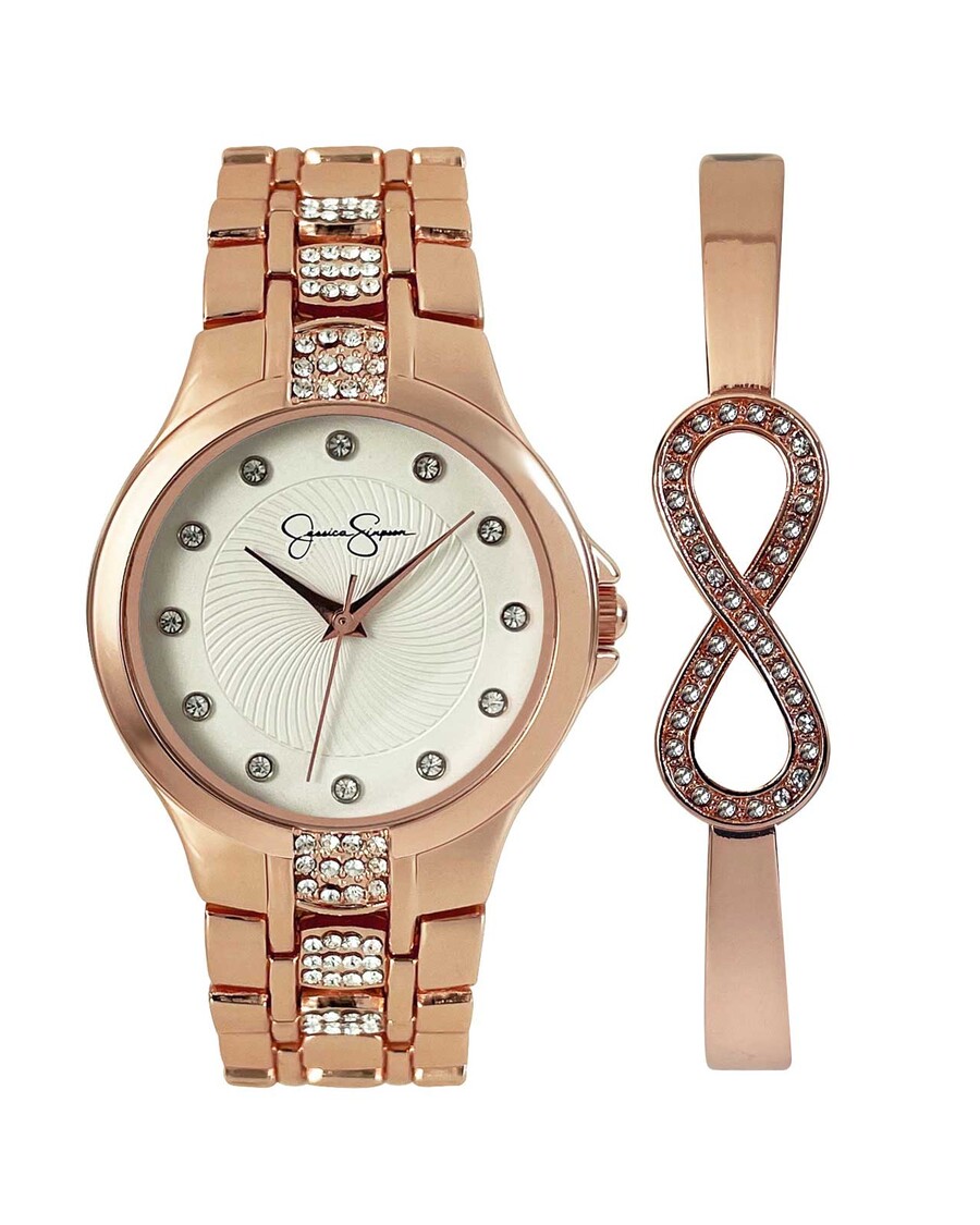 Jessica Simpson Crystal Watch & Infinity Bracelet Set in Rose Gold Tone