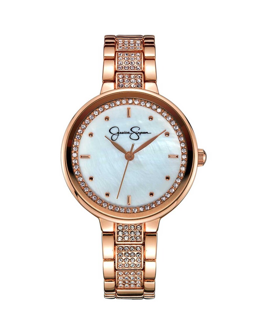 Jessica Simpson Crystal & Genuine Mother Of Pearl Dial Watch in Rose Gold Tone