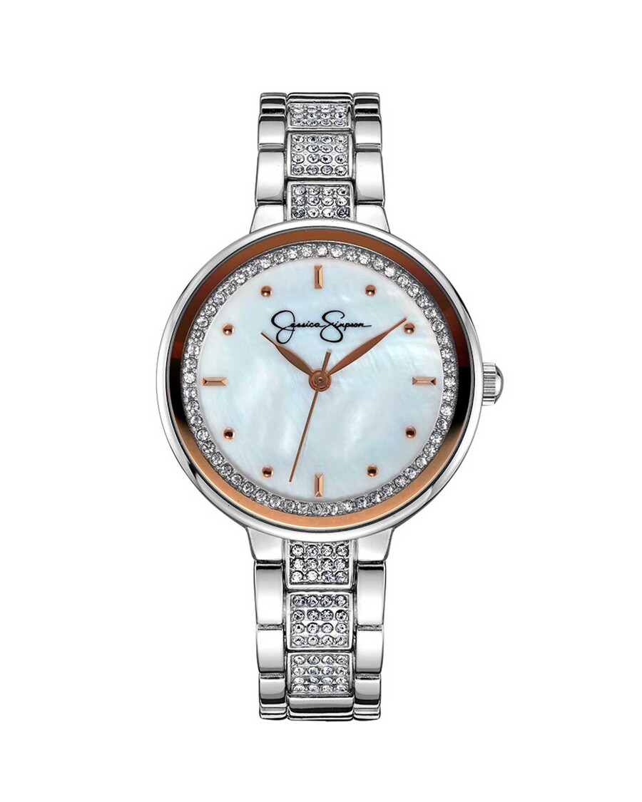 Jessica Simpson Crystal & Genuine Mother Of Pearl Dial Watch in Silver Tone