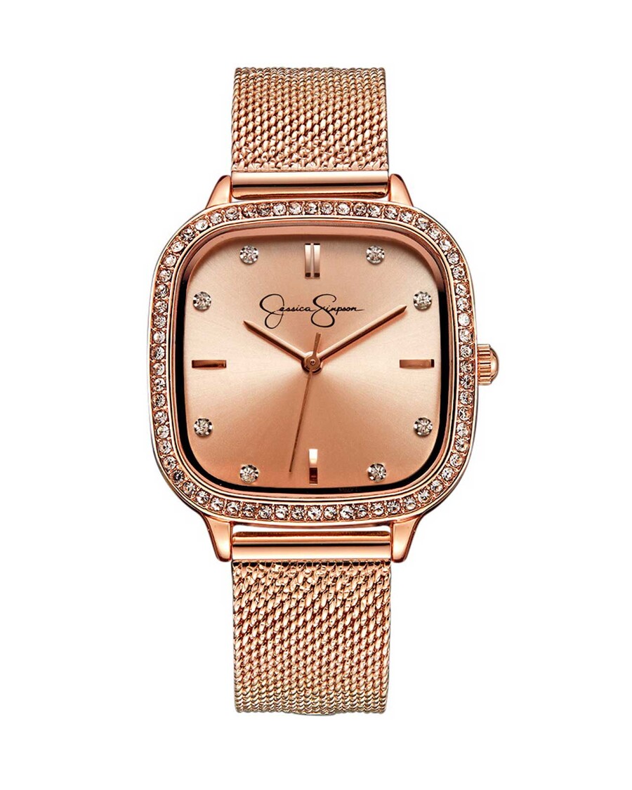 Jessica Simpson Crystal Bezel Mesh Watch in Rose Gold Tone