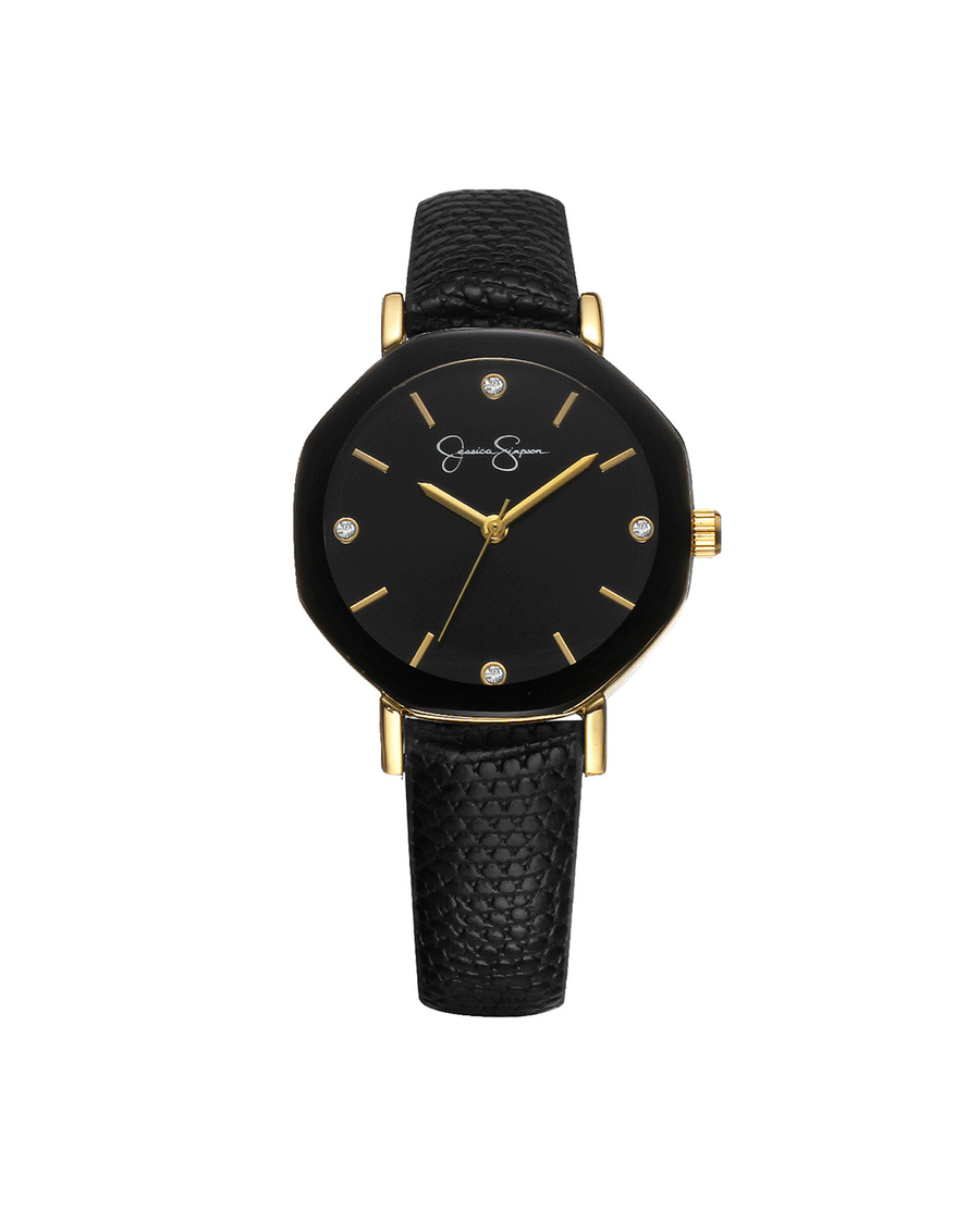 Jessica Simpson Mettalized Bezel Strap Watch in Black & Gold Tone