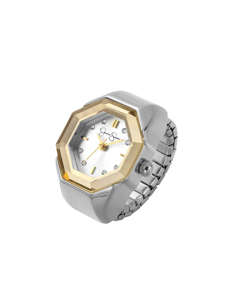 Jessica Simpson Faceted Bezel Crystal Ring Watch in Silver