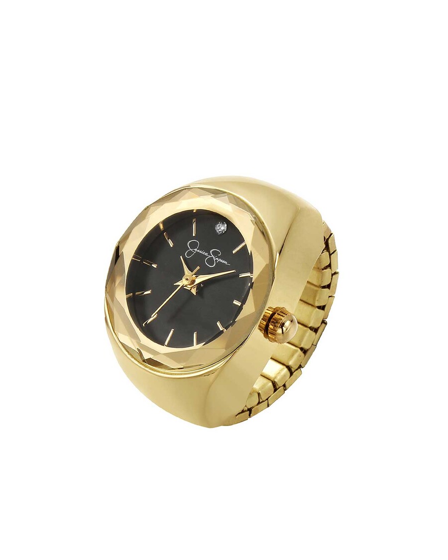 Jessica Simpson Faceted Bezel Single Crystal Ring Watch in Gold