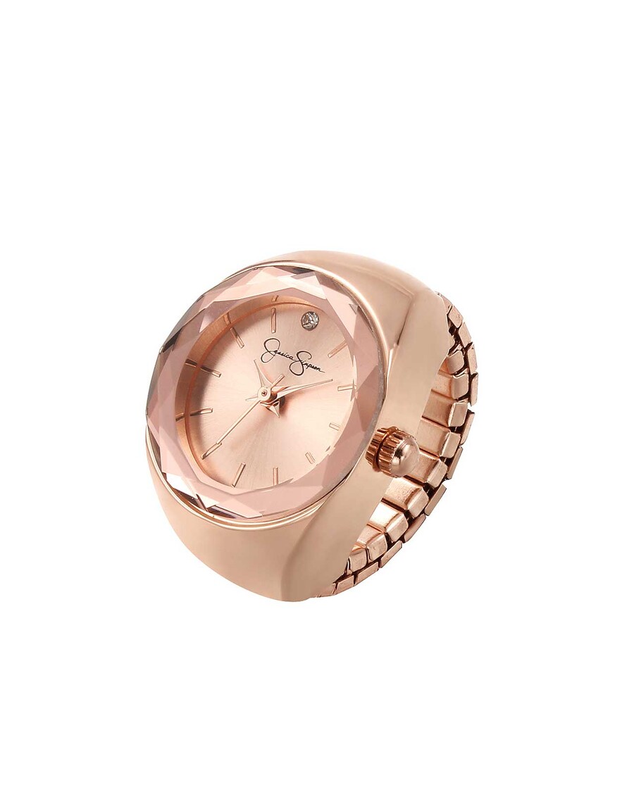 Jessica Simpson Faceted Bezel Single Crystal Ring Watch in Rose Gold