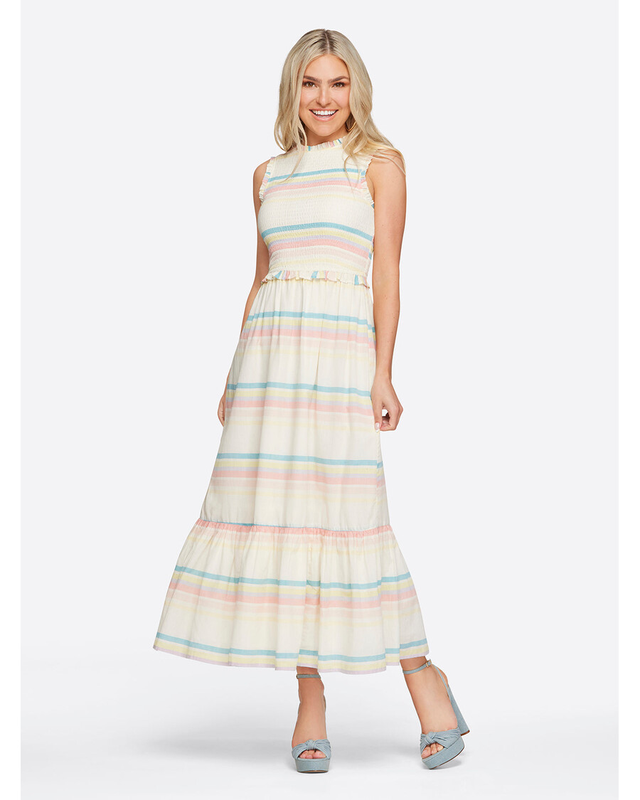 Jessica Simpson Mira Tiered Ruffle Maxi Dress in Gardenia-Spectrum Stripe