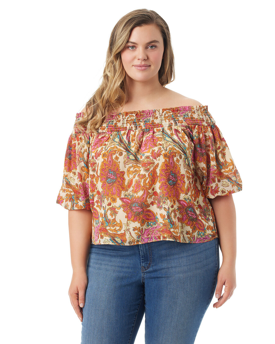 Jessica Simpson Rosiya Off Shoulder Top in Apricot Sherbet Paisley