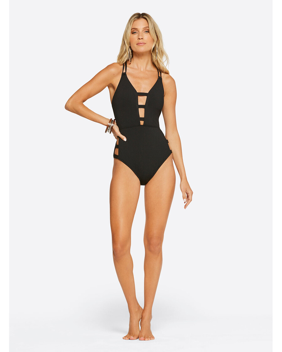 Jessica Simpson Textured Solids Plunge One Piece in Black