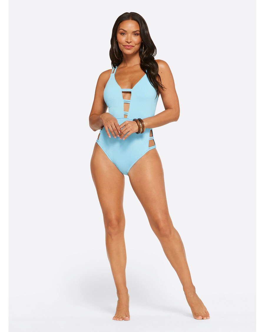 Jessica Simpson Textured Solids Plunge One Piece in Sky